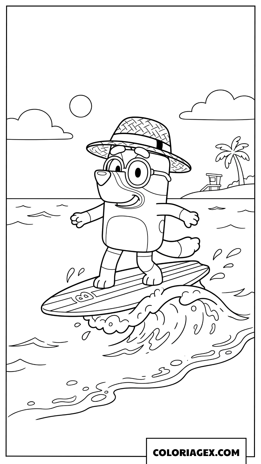 Dessin de Bluey avec un chapeau surfant sur les vagues