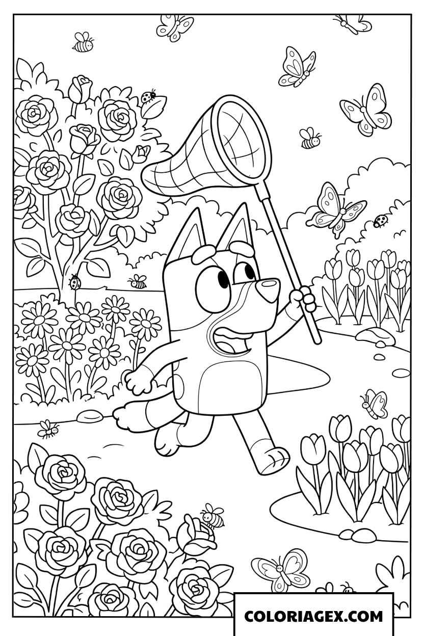 Dessin de Bluey avec un filet chassant des papillons dans un jardin de roses