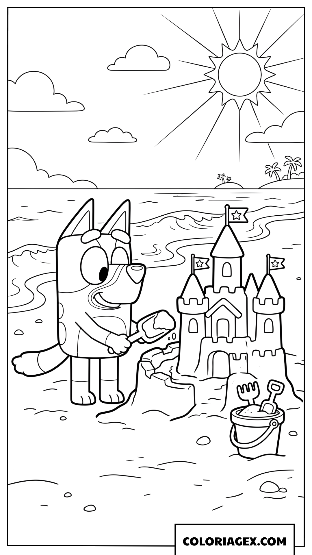 Dessin de Bluey construisant un château de sable à la plage