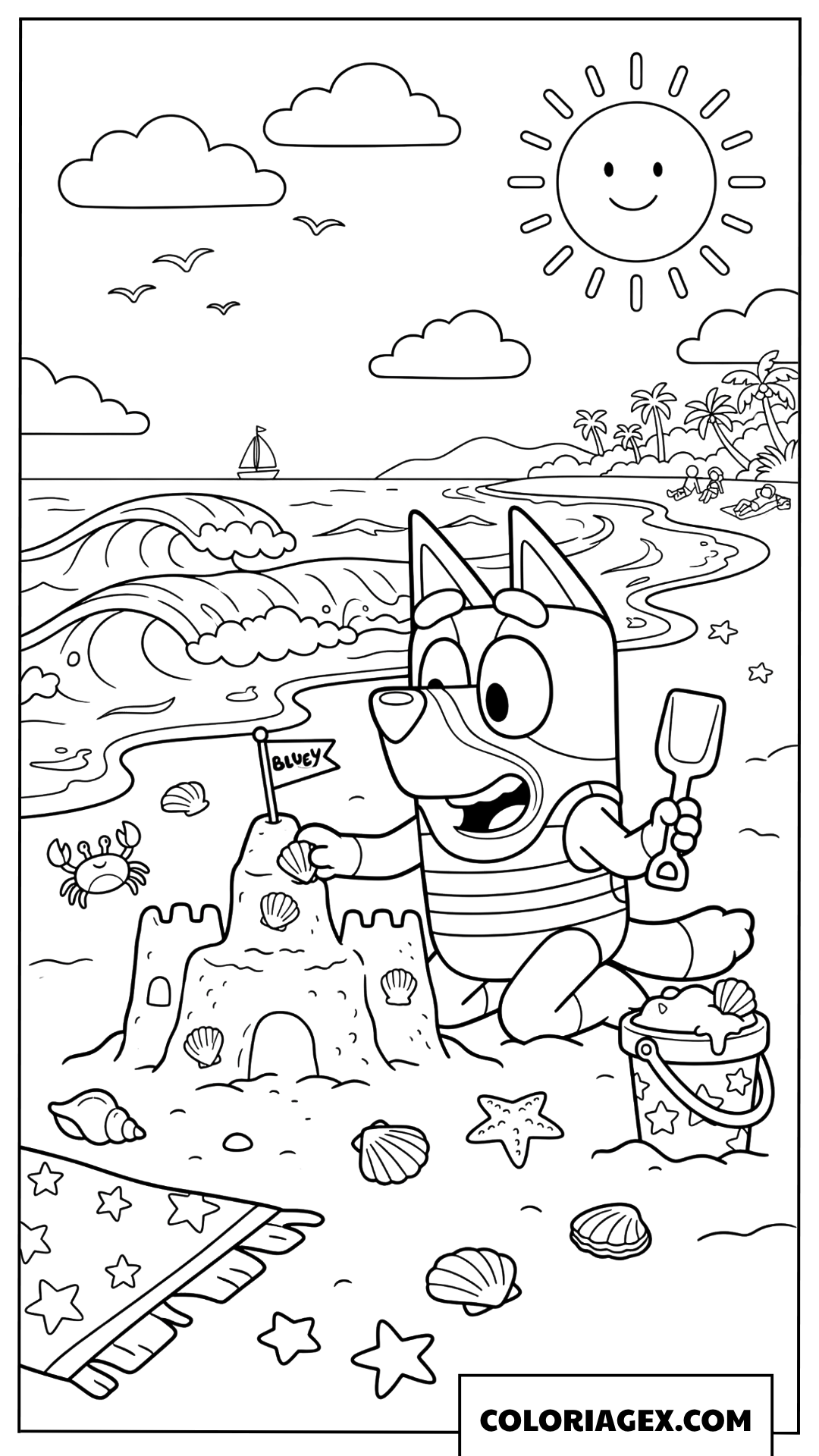 Dessin de Bluey construisant un château de sable sur la plage