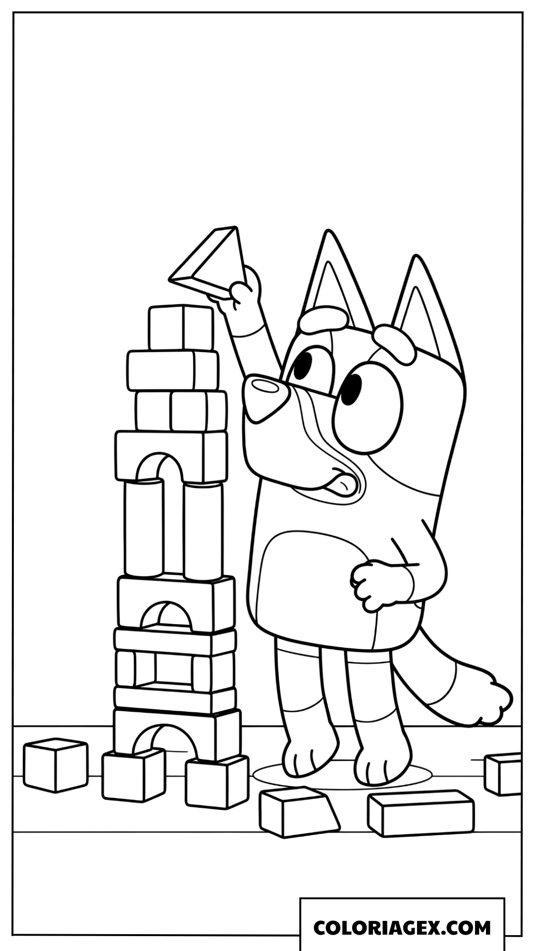 Dessin de Bluey construisant une tour de blocs en bois