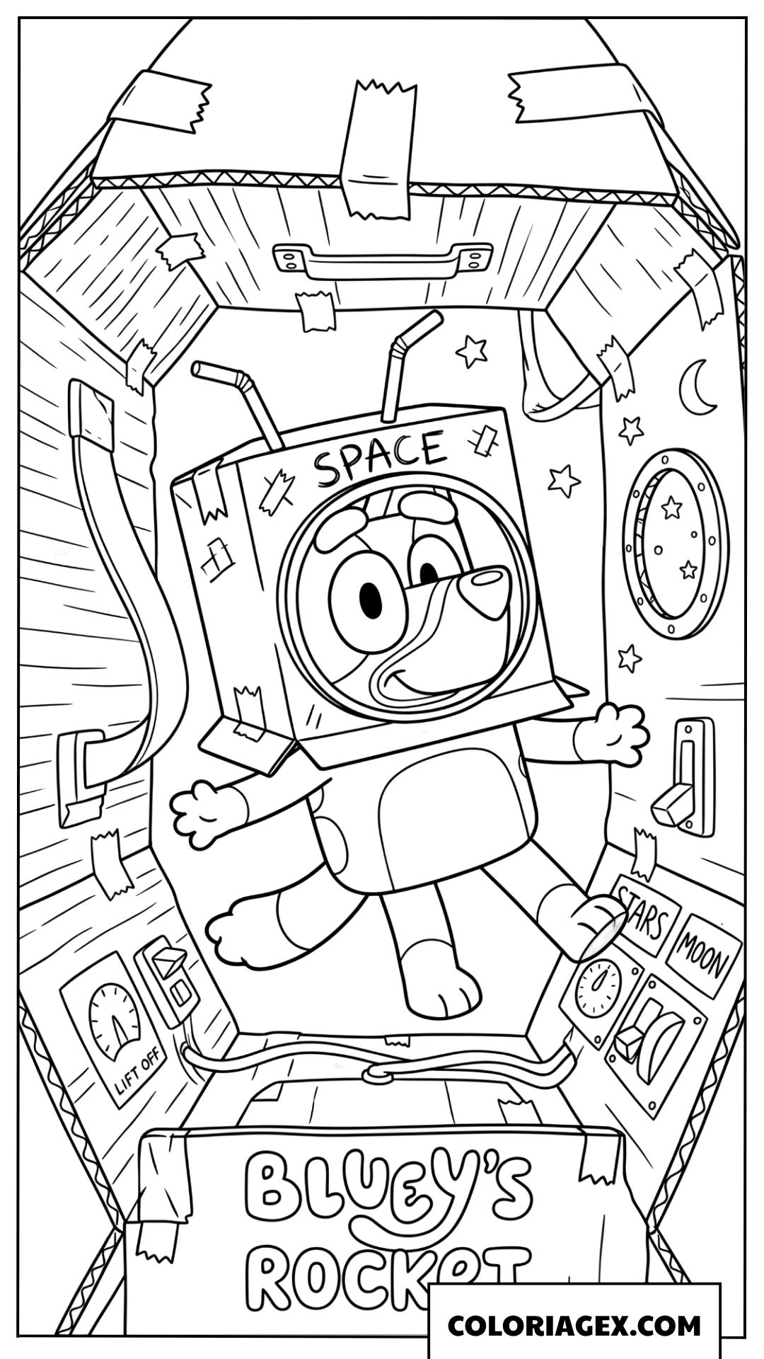 Dessin de Bluey en astronaute dans son vaisseau en carton