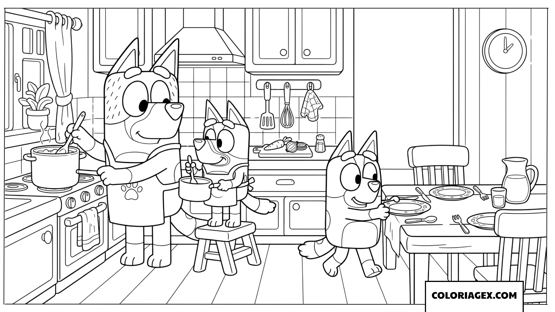 Dessin de Bluey et Bingo aidant papa Bandit à cuisiner