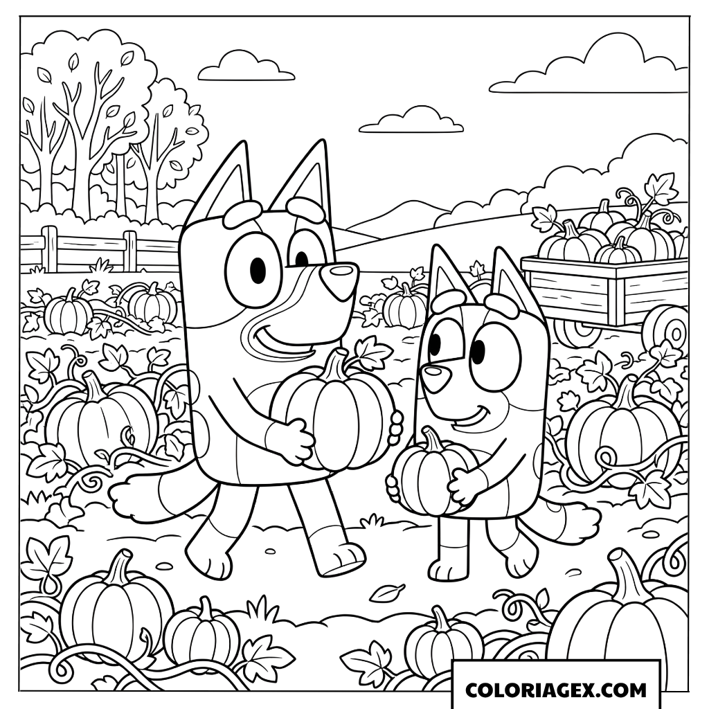 Dessin de Bluey et Bingo ramassant des citrouilles