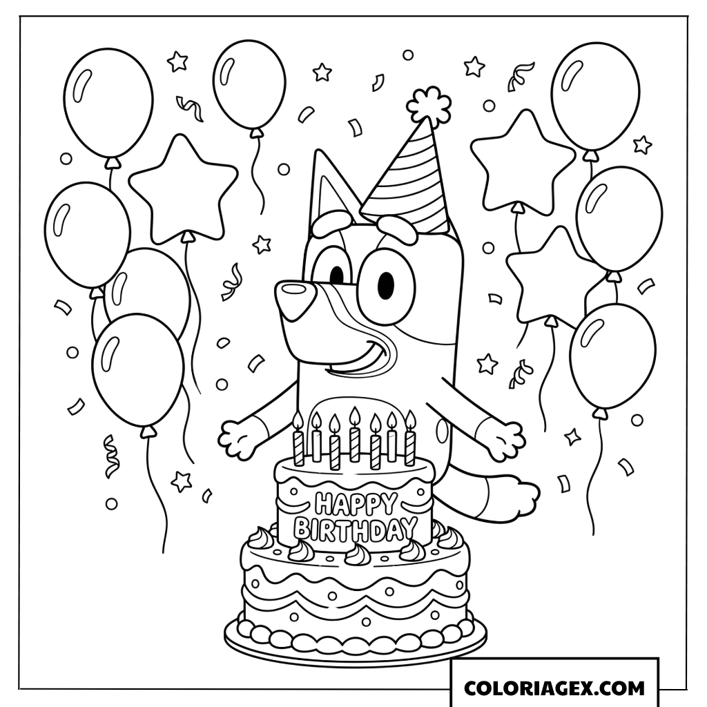 Dessin de Bluey et son gâteau d'anniversaire géant