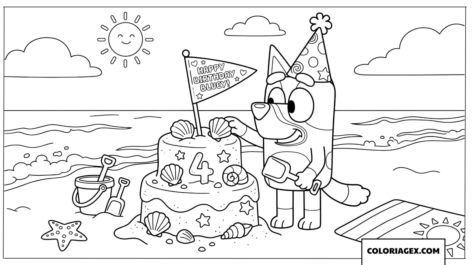 Dessin de Bluey fêtant ses quatre ans à la plage