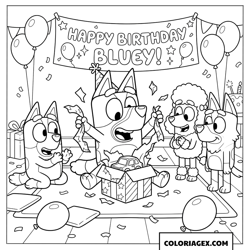 Dessin de Bluey ouvrant ses cadeaux d'anniversaire avec enthousiasme