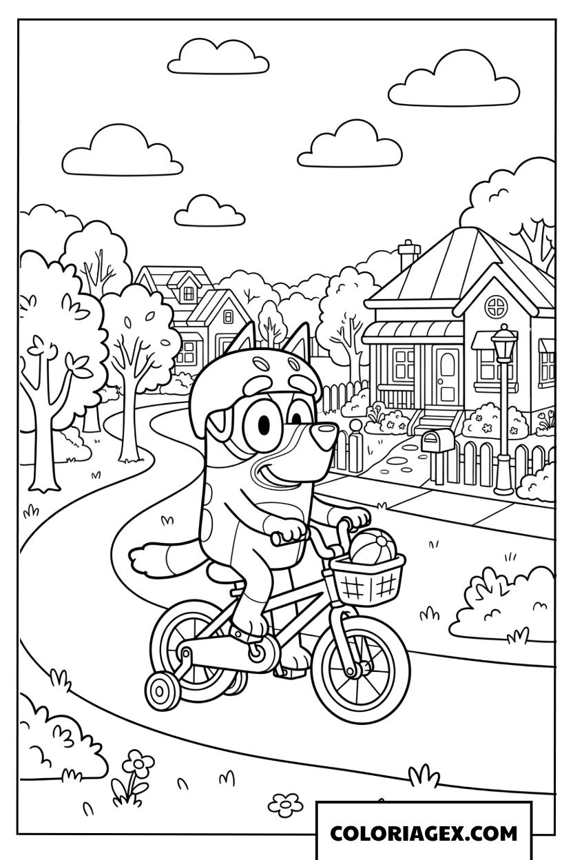 Dessin de Bluey portant un casque et faisant du vélo avec assurance