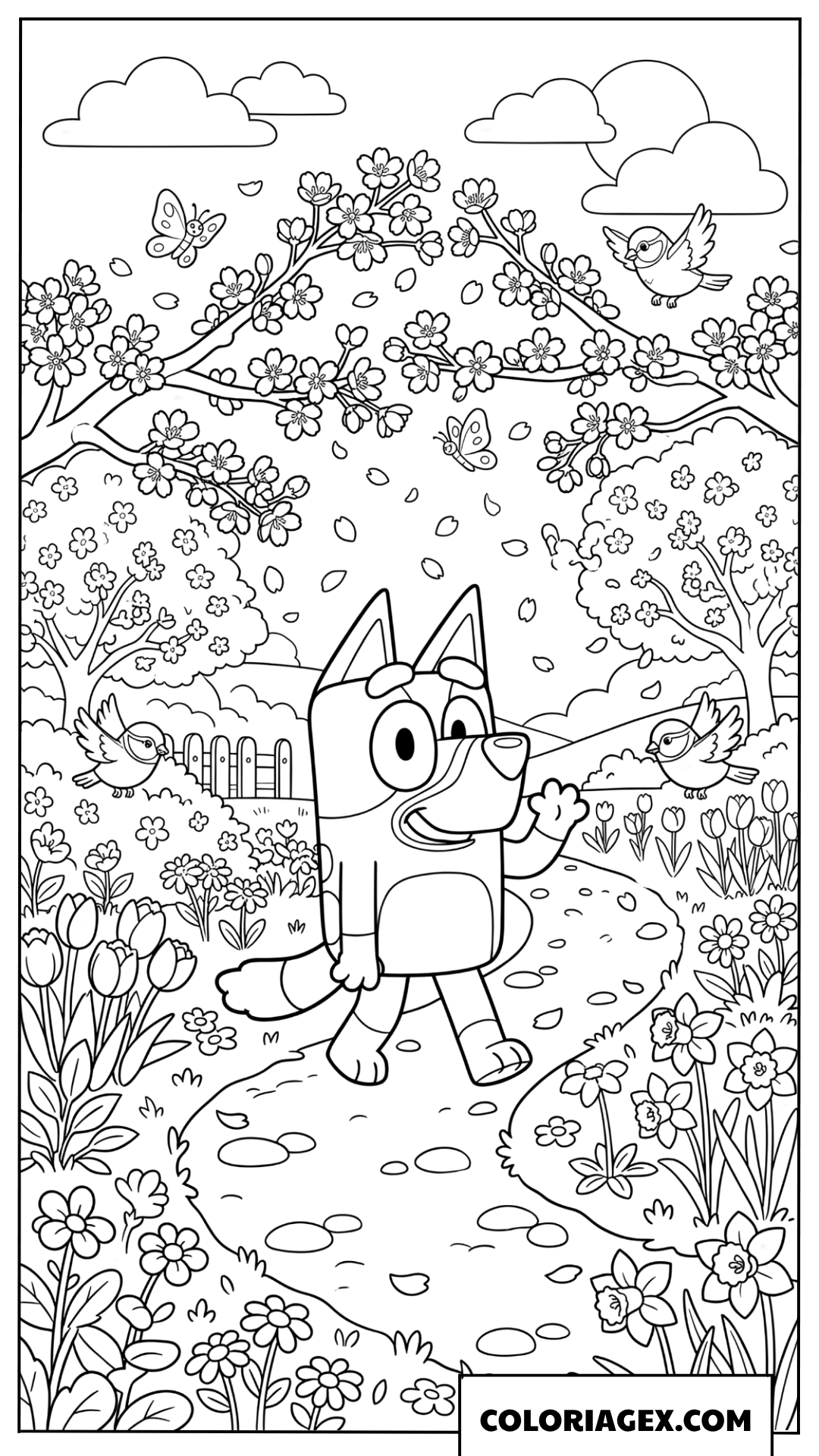 Dessin de Bluey se promenant dans un jardin fleuri au printemps