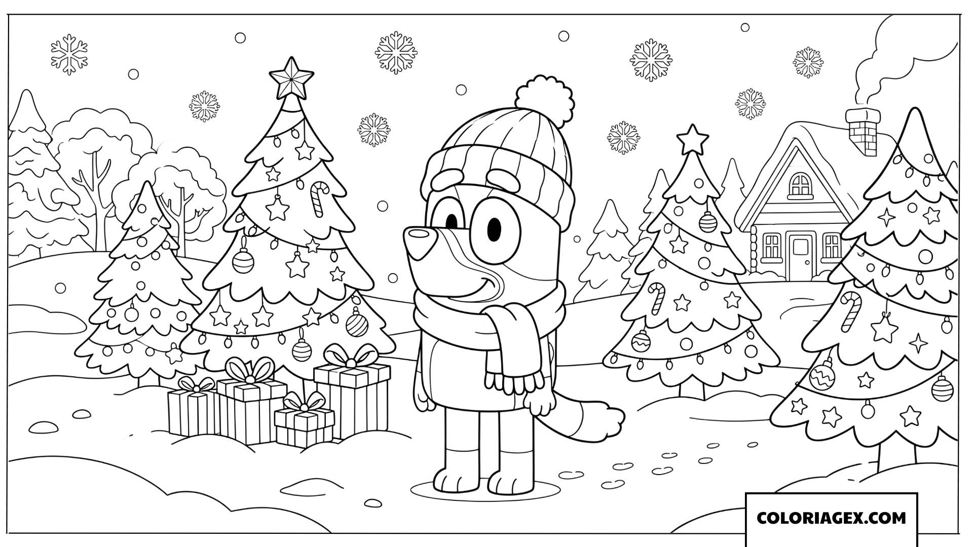 Dessin de Bluey sous la neige avec des sapins de Noël