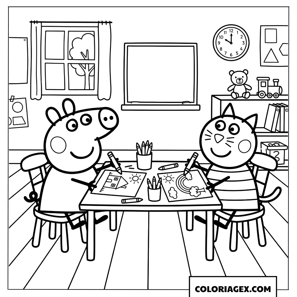 Dessin de Peppa Pig et Candy Cat à l école