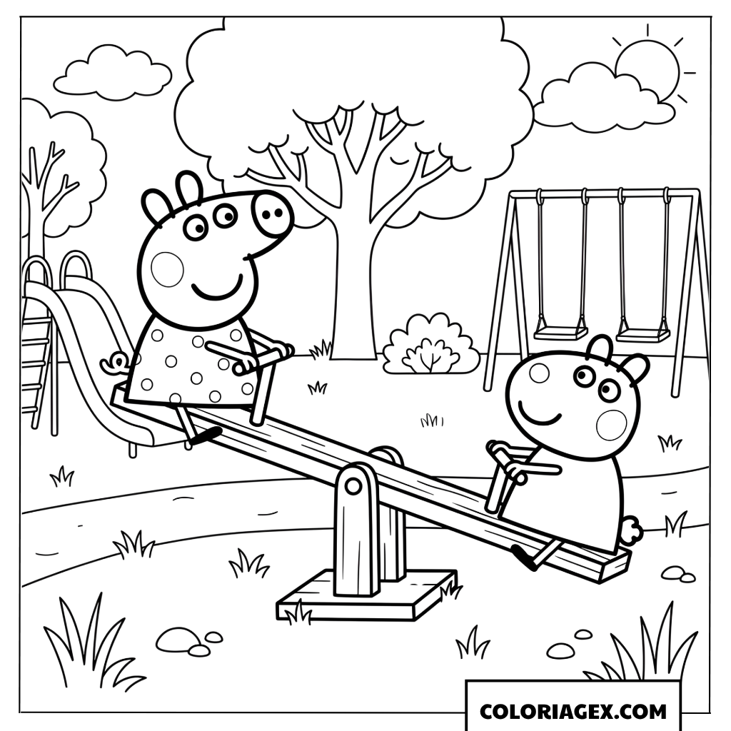 Dessin de Peppa Pig et Suzy Sheep sur la balançoire