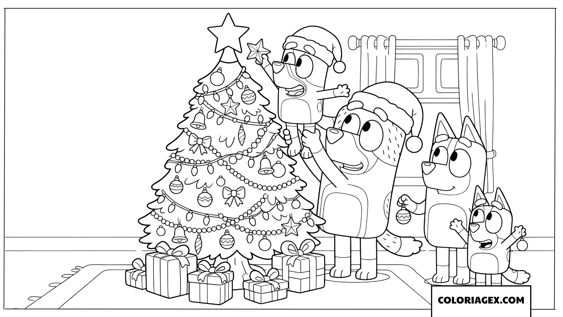 Dessin de la famille de Bluey décorant le sapin de Noël