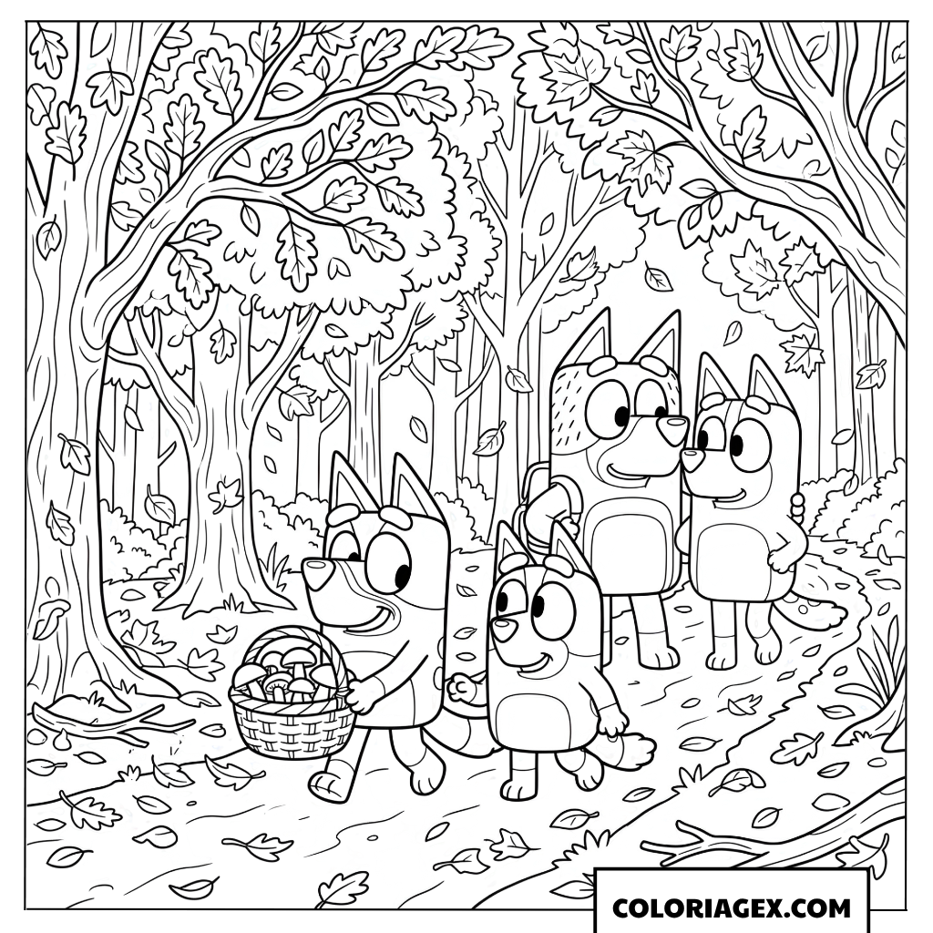 Dessin de la famille de Bluey ramassant des champignons