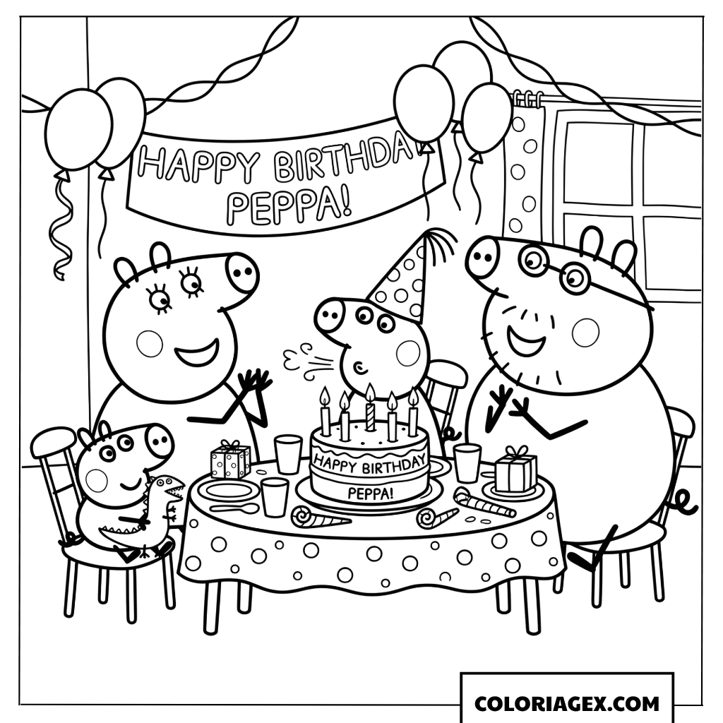 Dessin famille Peppa Pig celebrant anniversaire autour du gateau