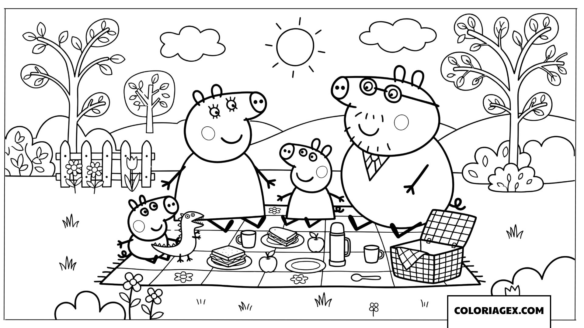 Dessin famille Peppa Pig en pique nique dans la nature