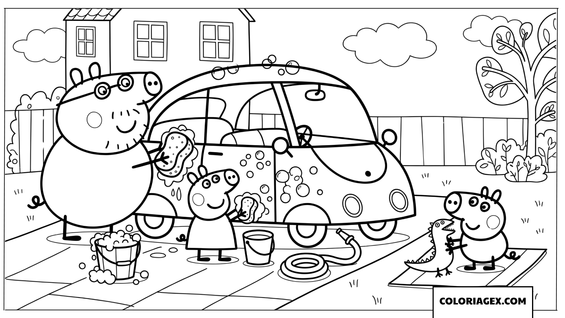 Dessin famille Peppa Pig lavant la voiture dans le jardin
