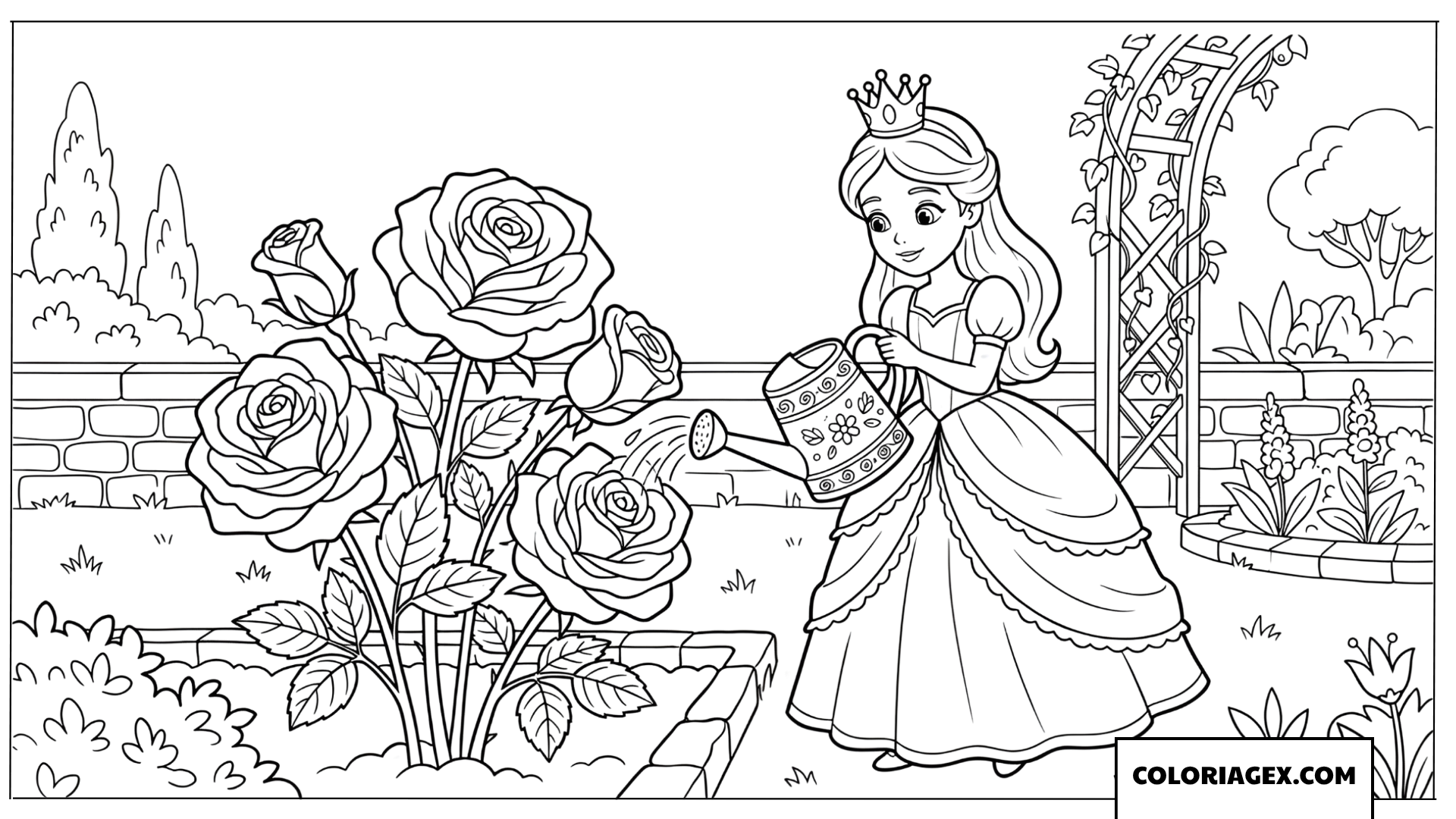 Dessin princesse arrosant les roses du jardin
