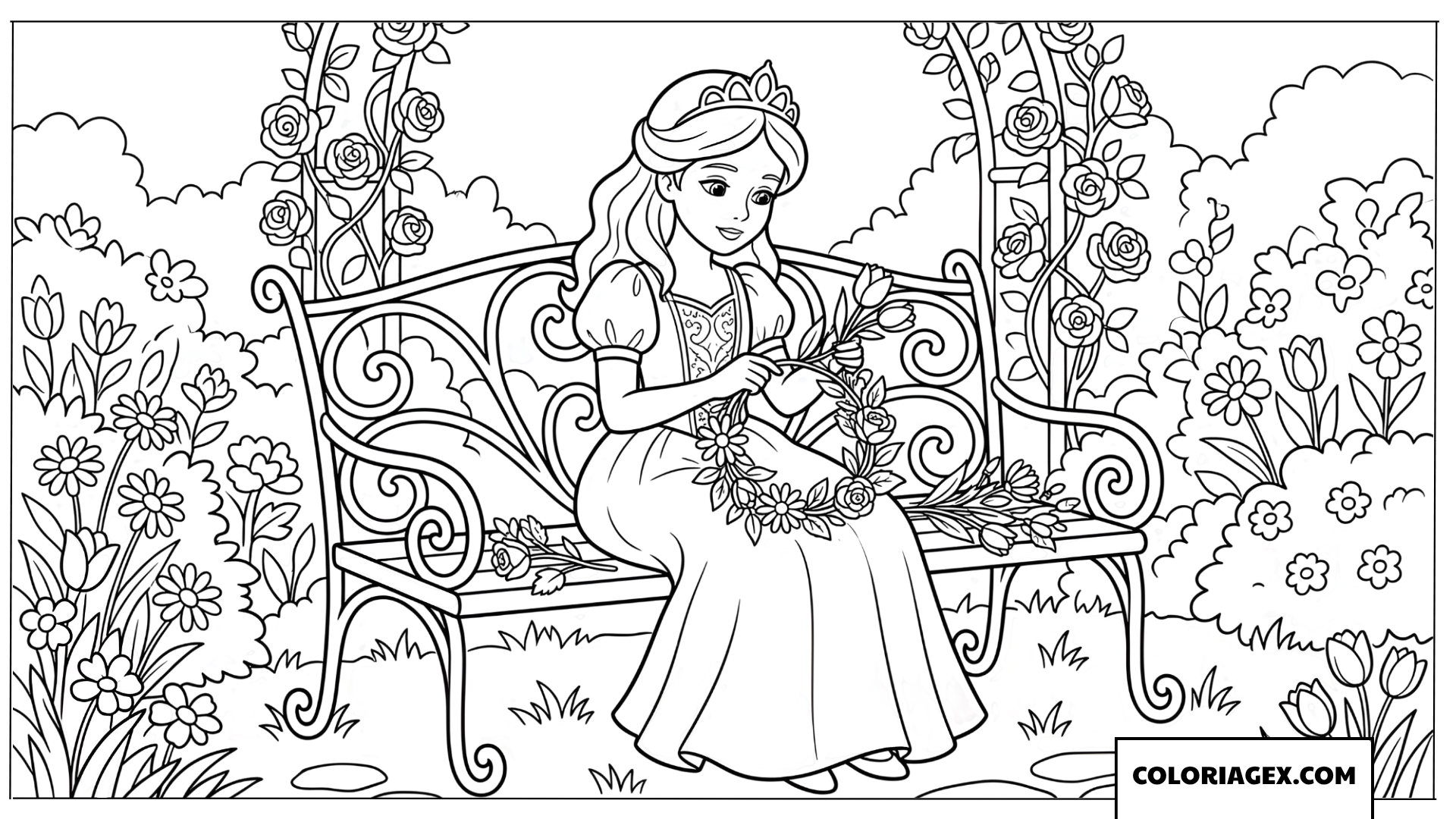 Dessin princesse assise sur un banc en train de faire une couronne de fleurs