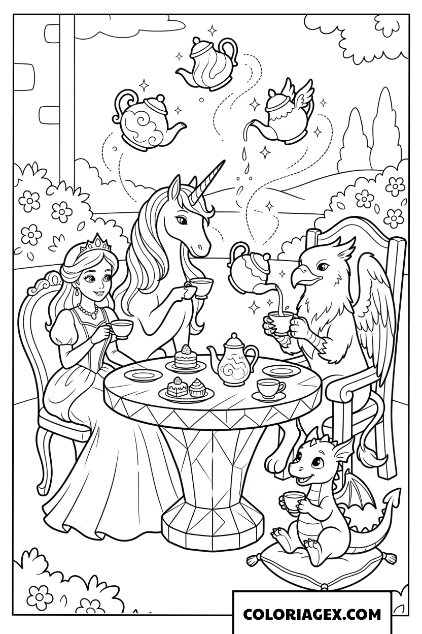 Dessin princesse au gouter avec licorne et petit dragon