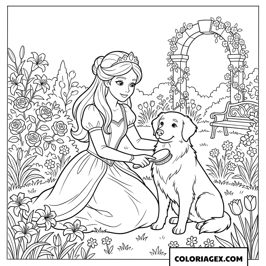 Dessin princesse brossant son chien dans le jardin