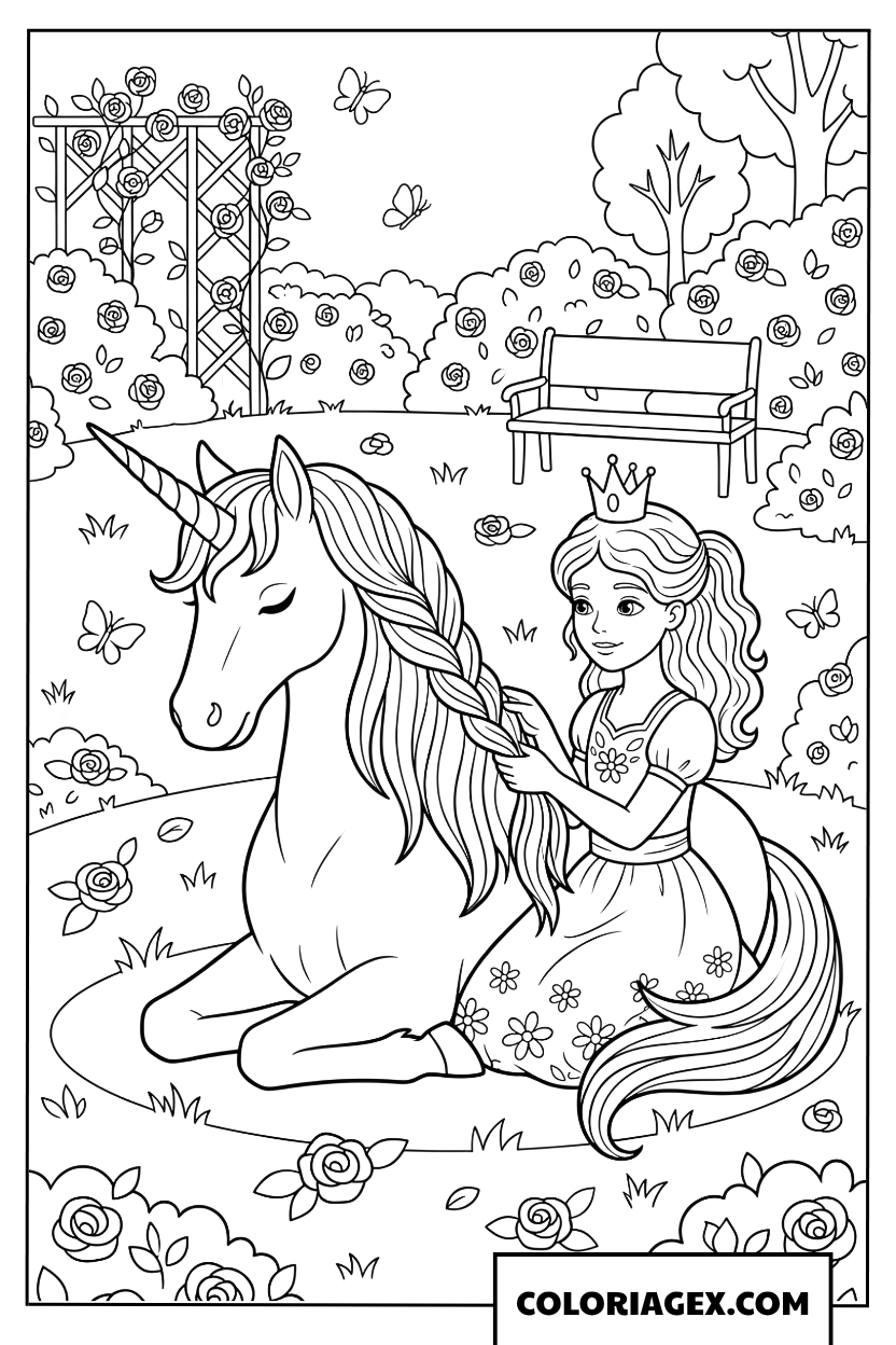 Dessin princesse coiffant la criniere de sa licorne dans le jardin