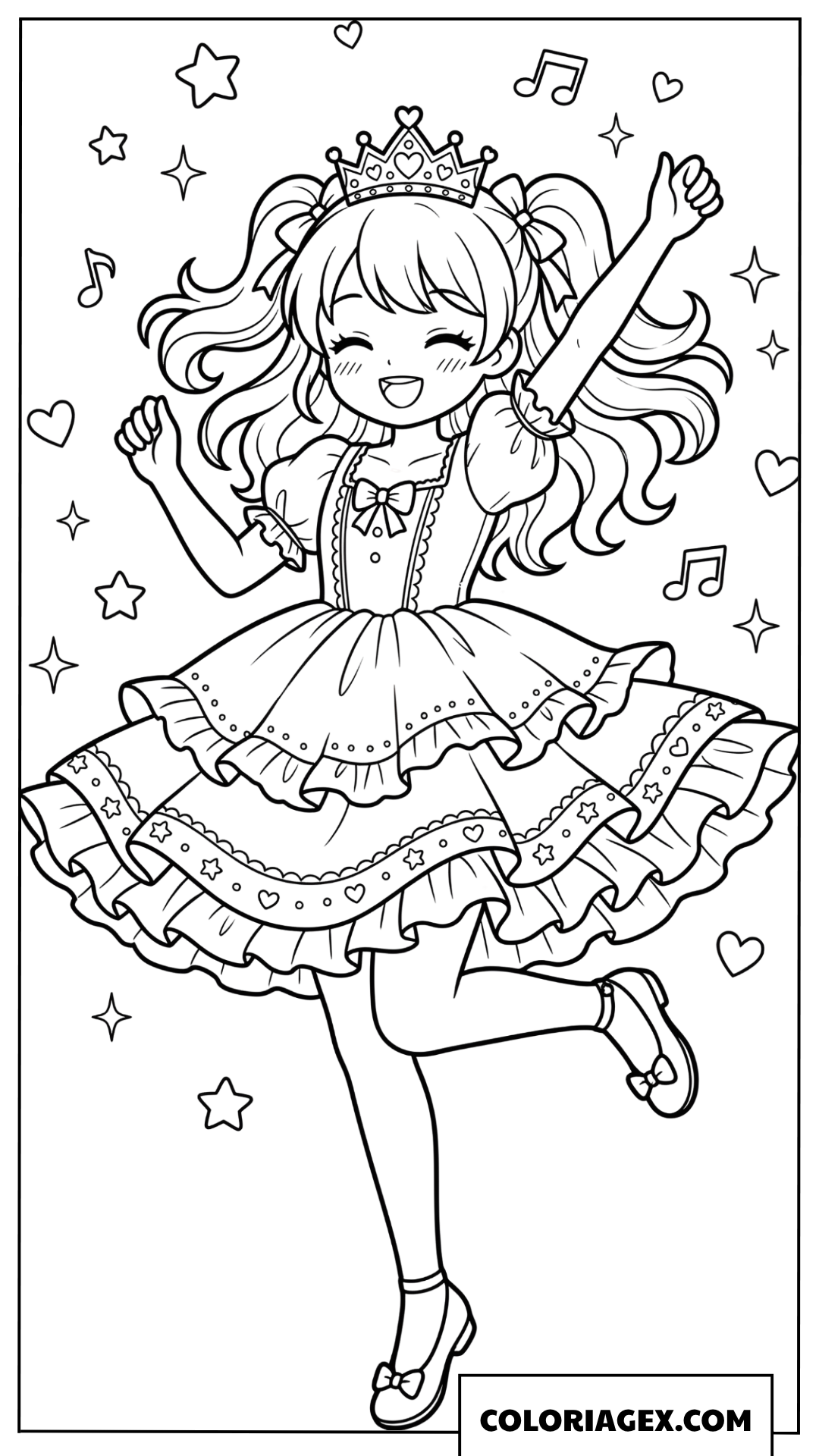 Dessin princesse dansant joyeusement avec une couronne brillante