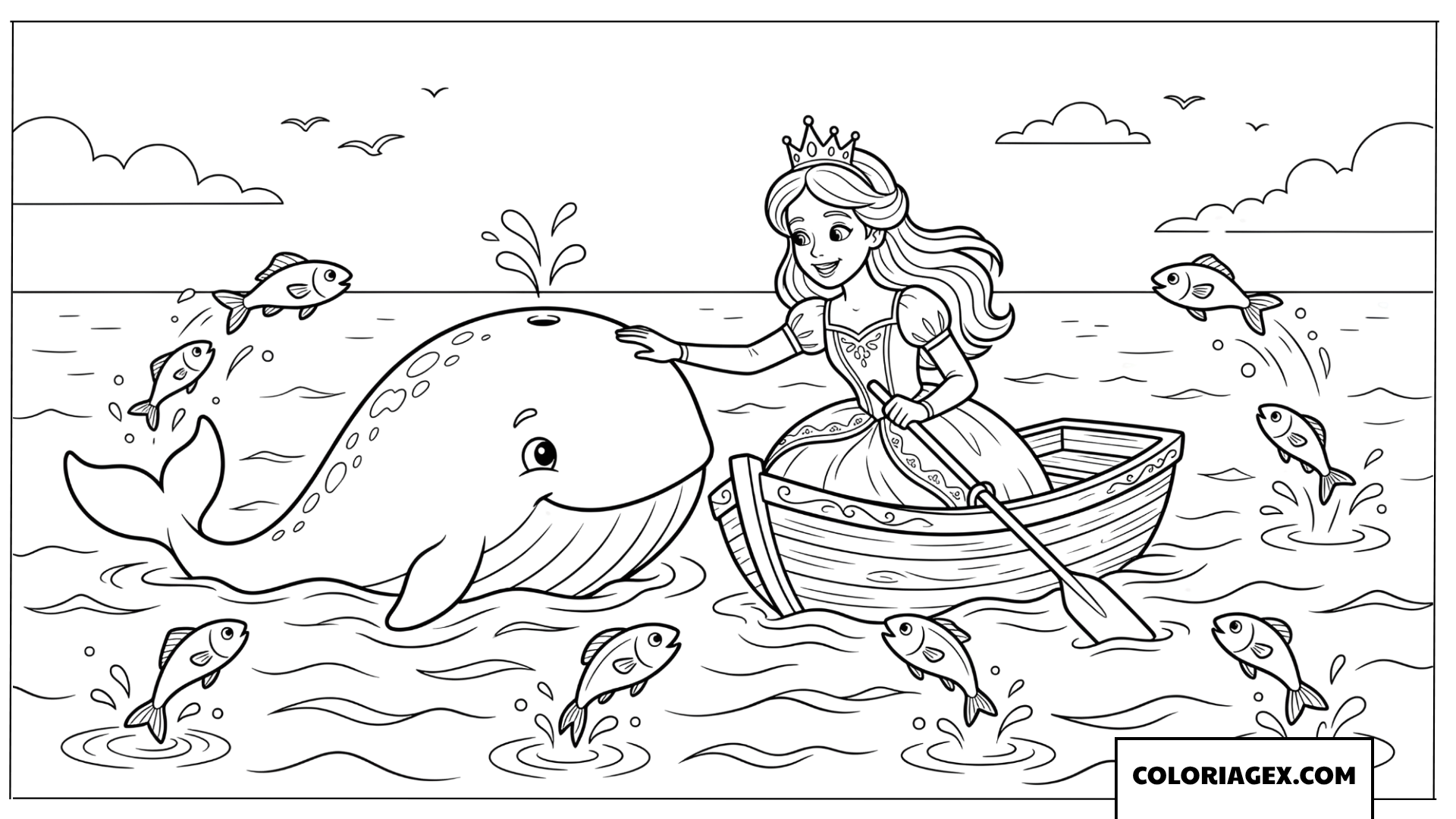 Dessin princesse en bateau avec une grande baleine