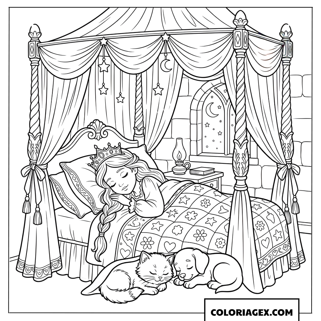Dessin princesse endormie avec un chat et un chien