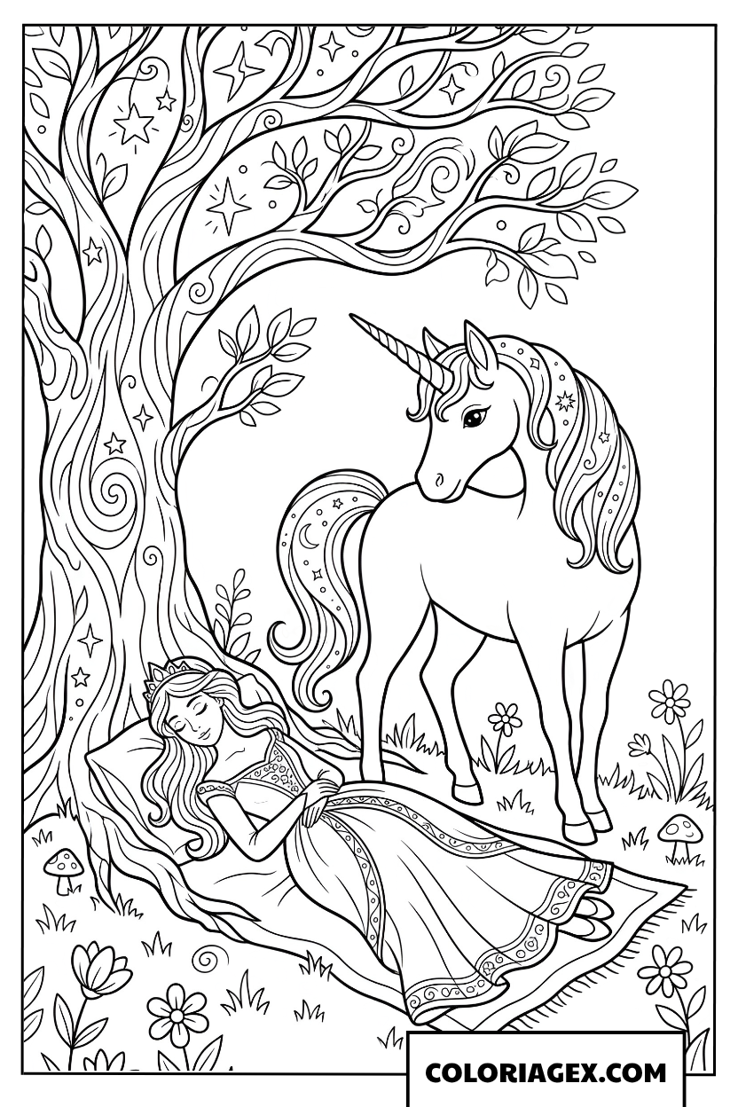 Dessin princesse endormie sous larbre avec sa licorne