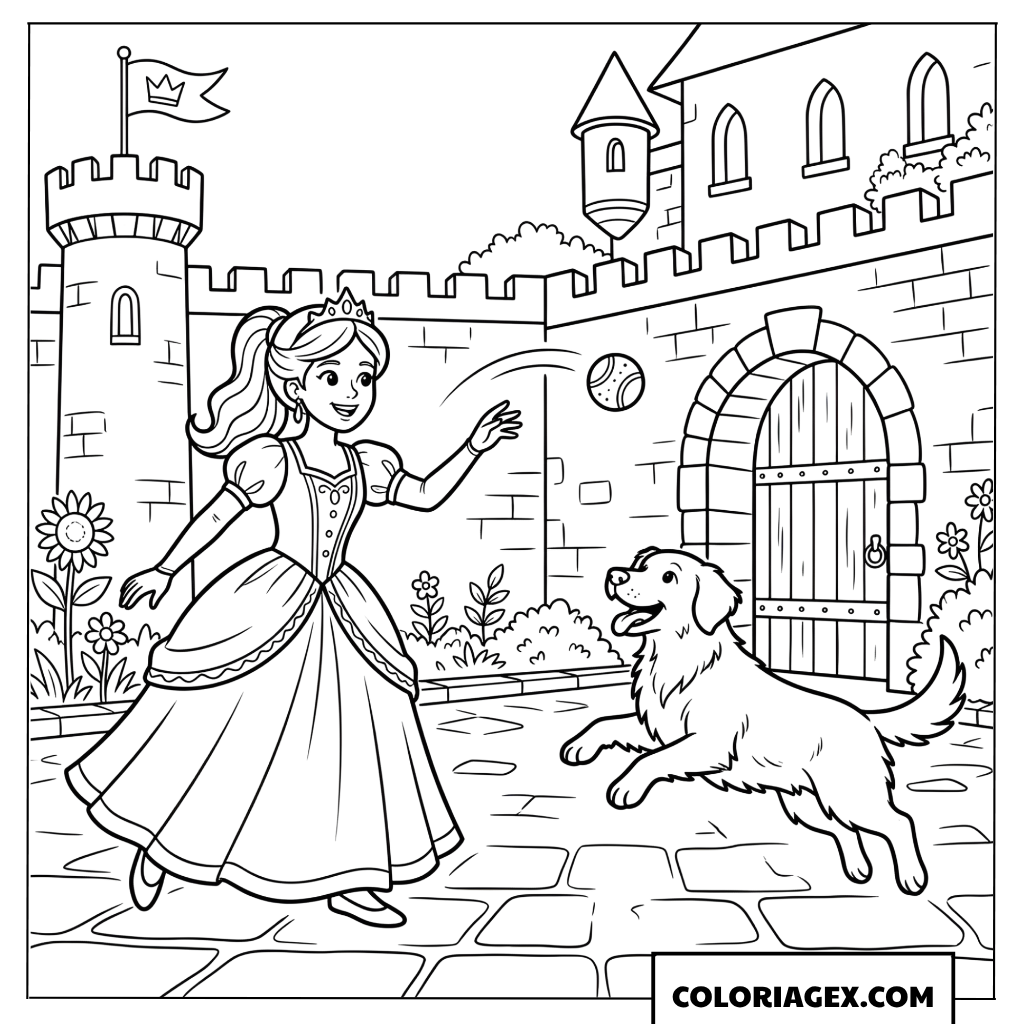 Dessin princesse jouant avec un chien dans la cour du chateau