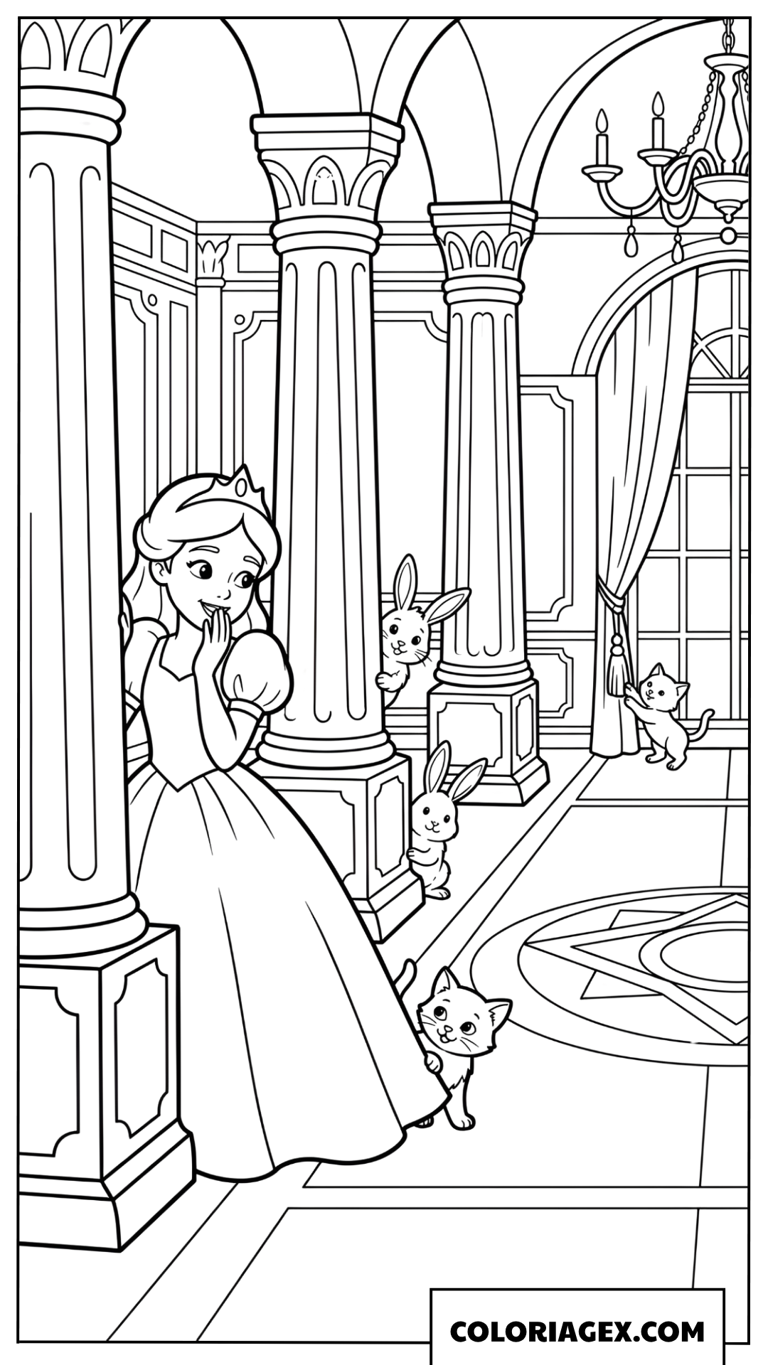 Dessin princesse jouant cache cache avec lapins et chatons