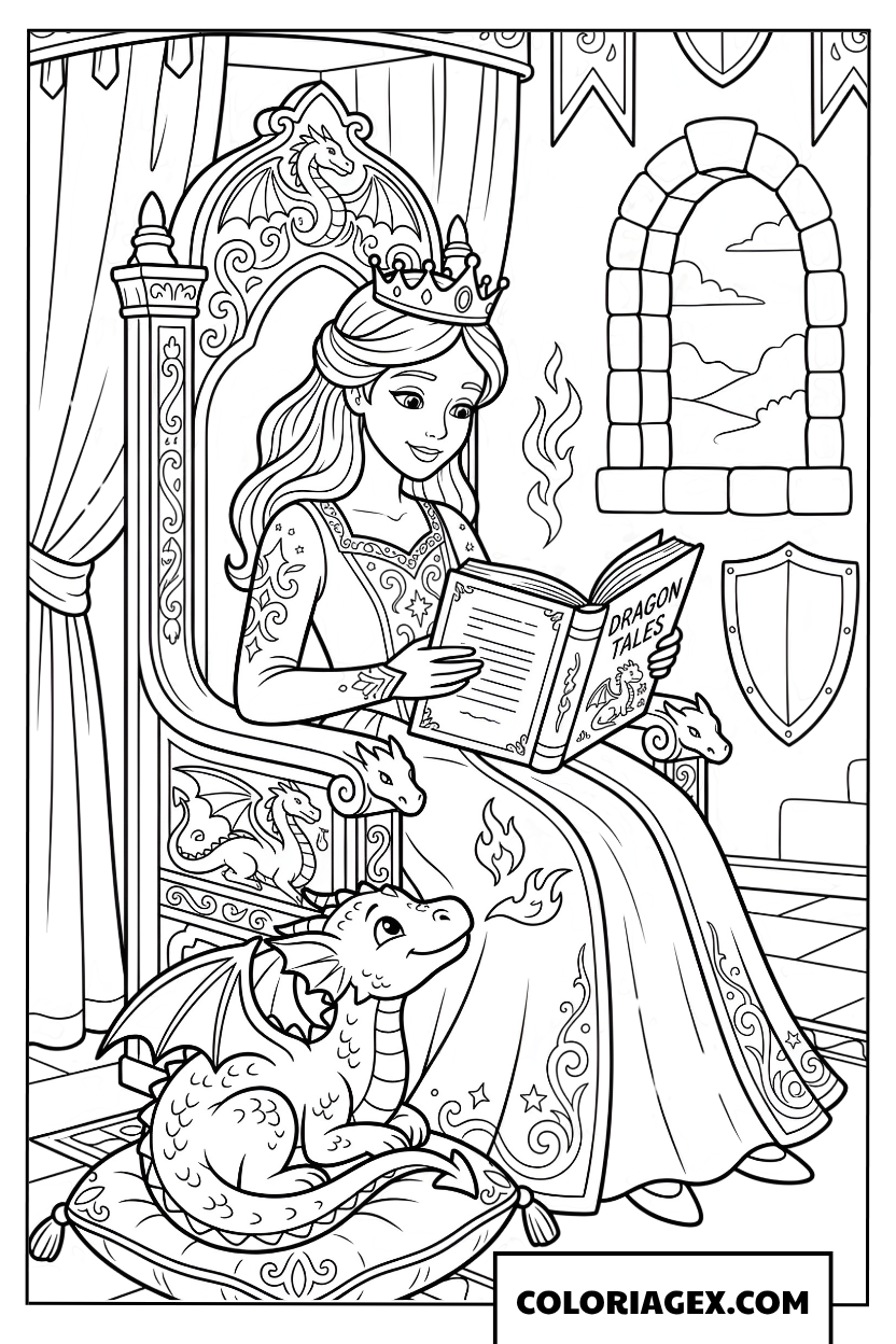 Dessin princesse lisant une histoire a un bebe dragon