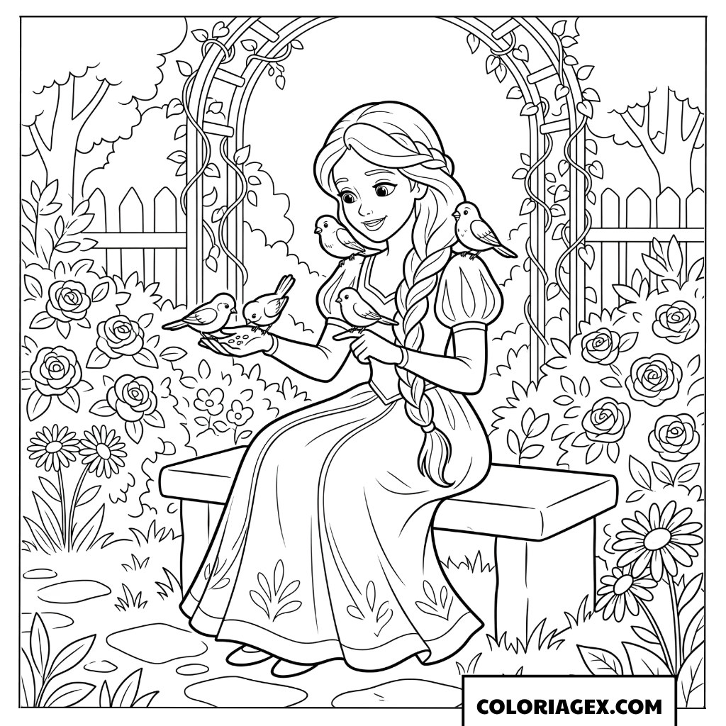Dessin princesse nourrissant les petits oiseaux dans le jardin