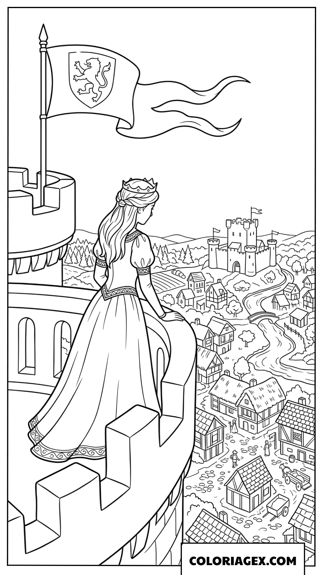 Dessin princesse regardant le royaume depuis la tour du chateau
