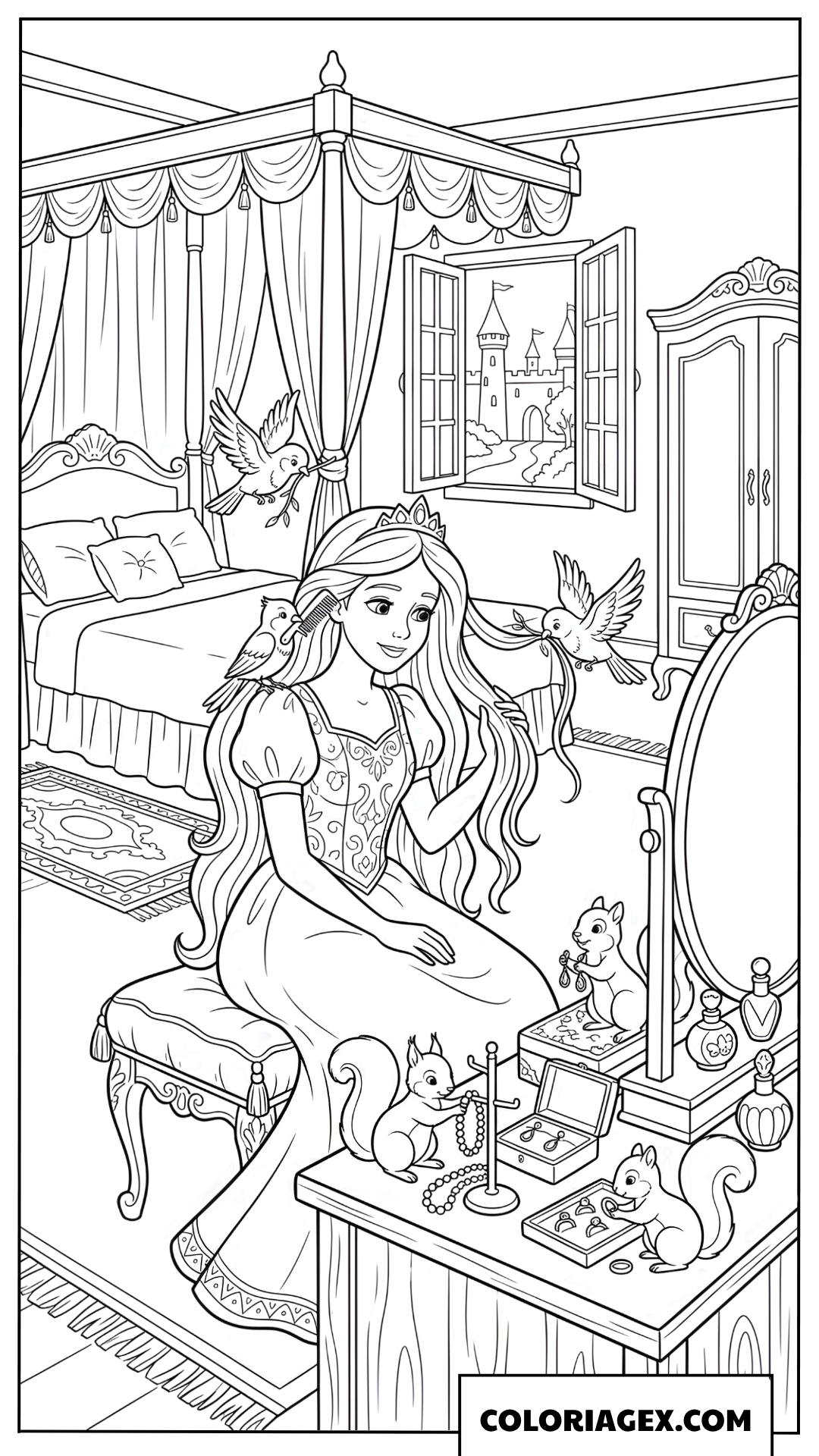 Dessin princesse se coiffant avec oiseaux et ecureuils dans la chambre