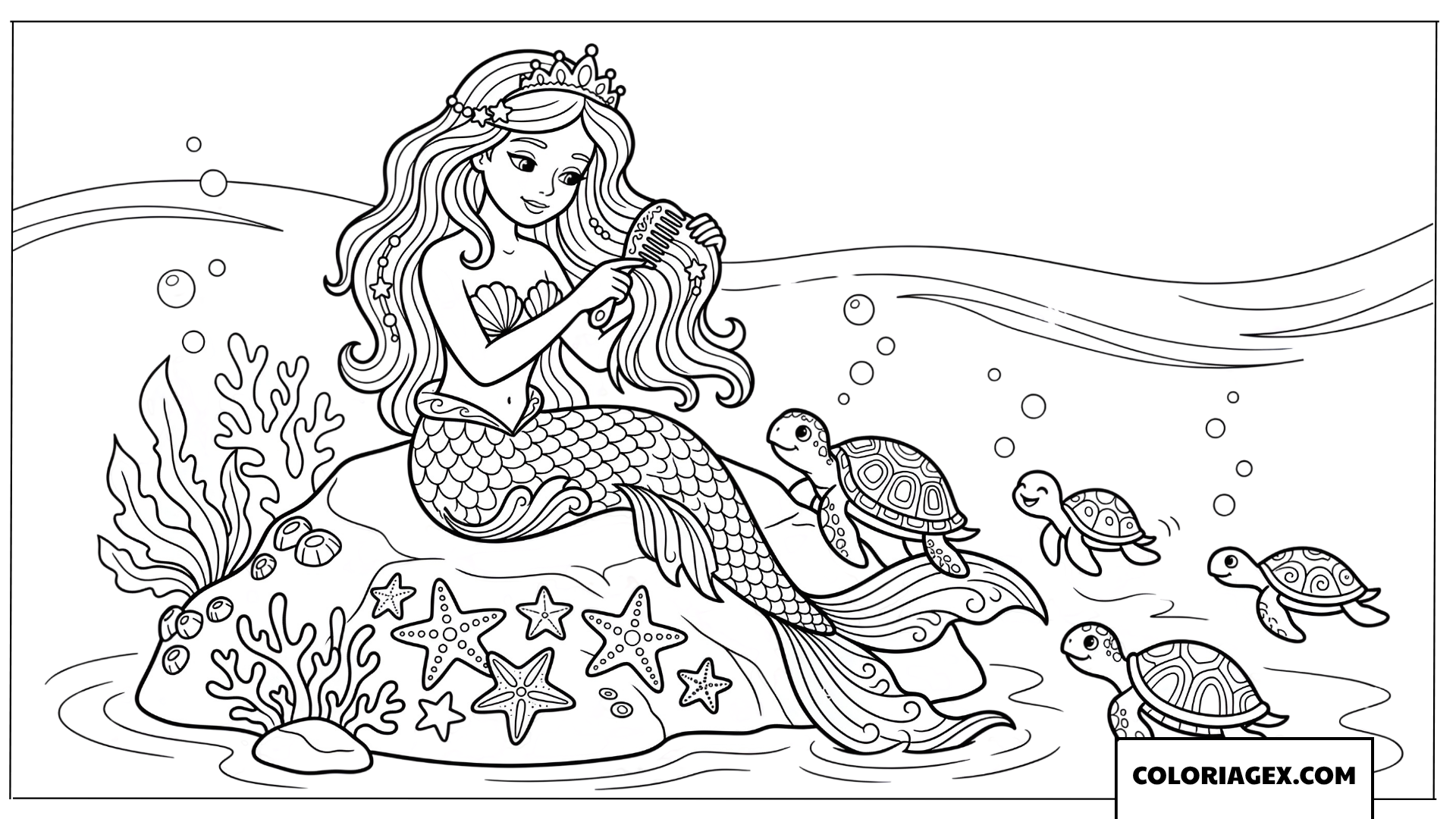 Dessin sirene princesse se coiffant avec des tortues marines