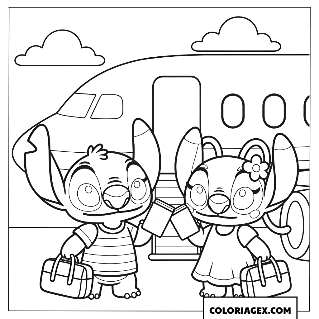 Page de coloriage de Stitch et Angel à l'aéroport