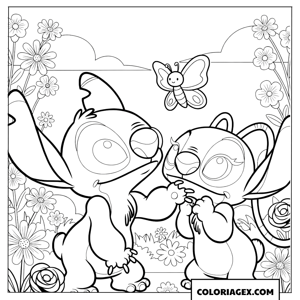 Page de coloriage de Stitch et Angel admirant un papillon
