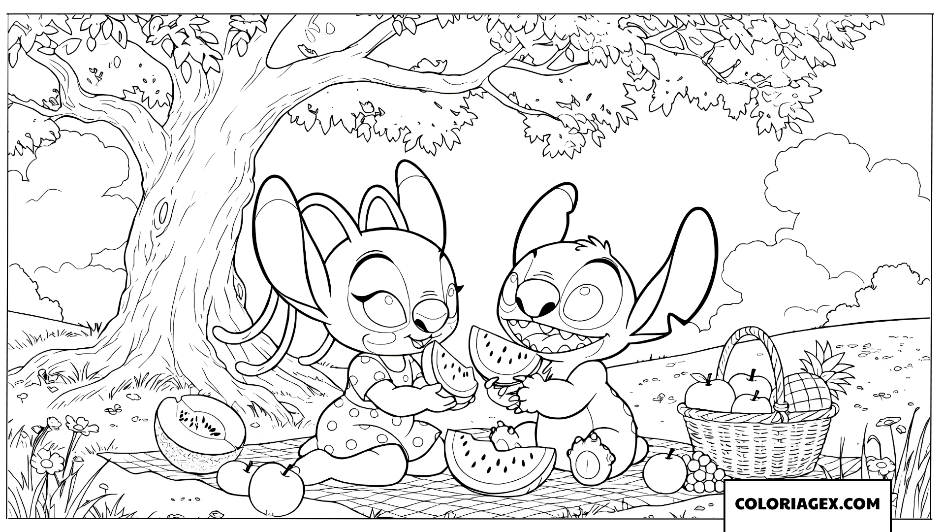 Page de coloriage de Stitch et Angel buvant de l'eau de coco