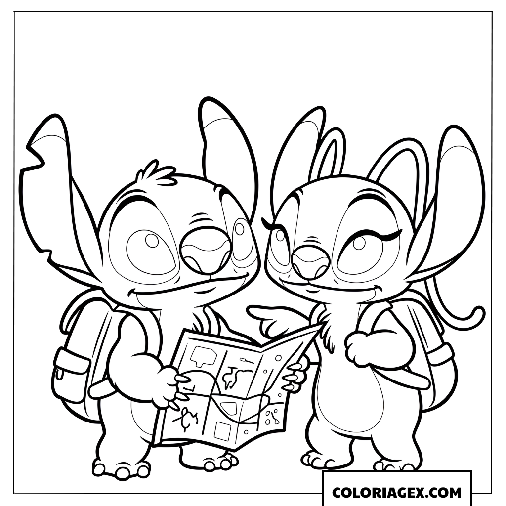 Page de coloriage de Stitch et Angel consultant une carte touristique