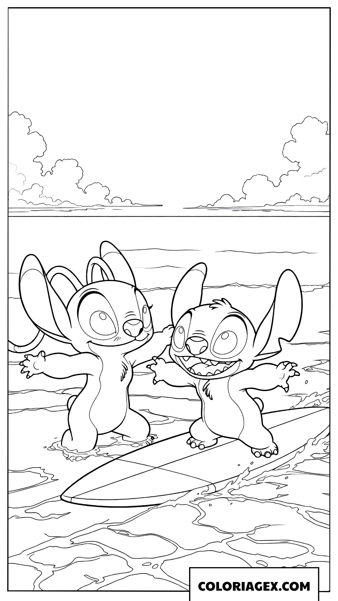 Page de coloriage de Stitch et Angel faisant du surf