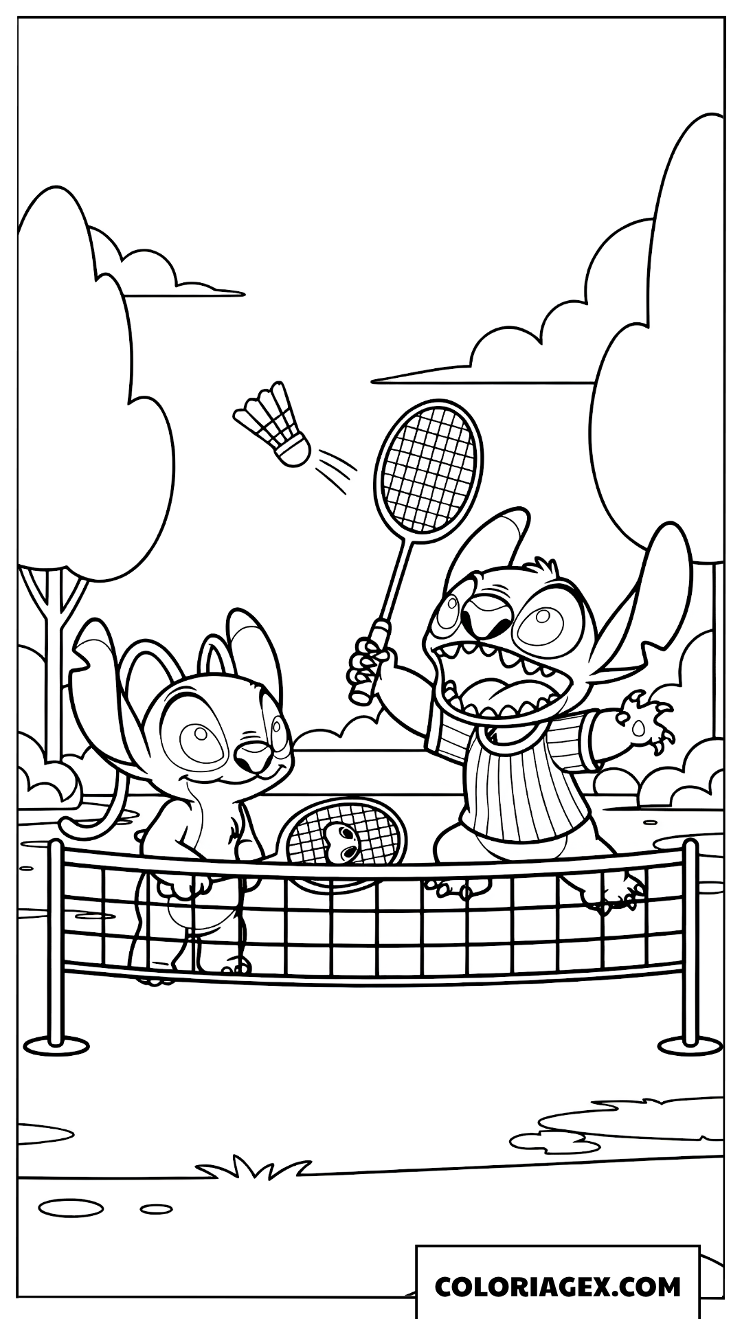 Page de coloriage de Stitch et Angel jouant au badminton