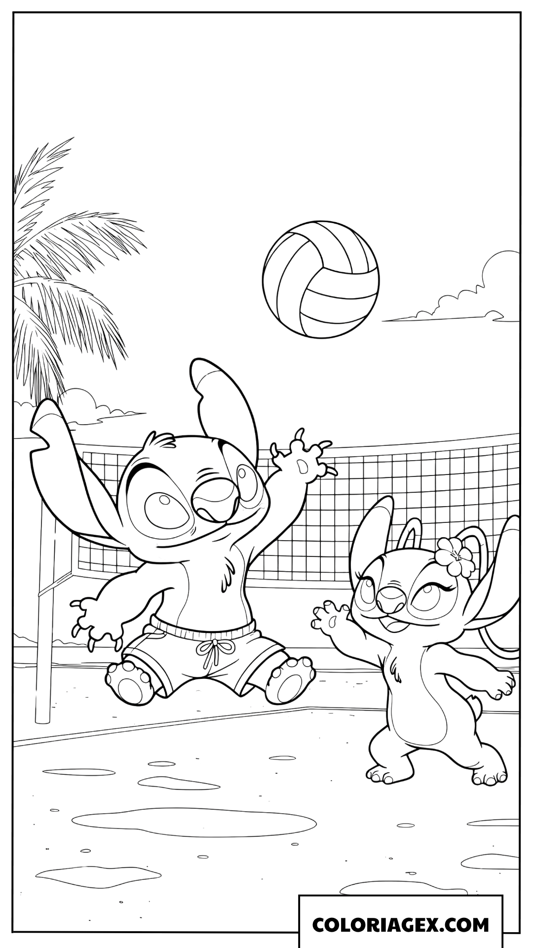 Page de coloriage de Stitch et Angel jouant au volley-ball