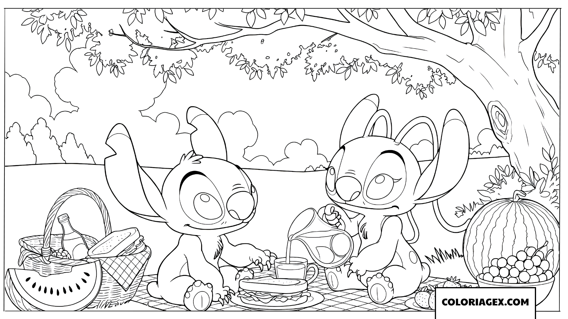 Page de coloriage de Stitch et Angel mangeant de la pastèque sous un arbre
