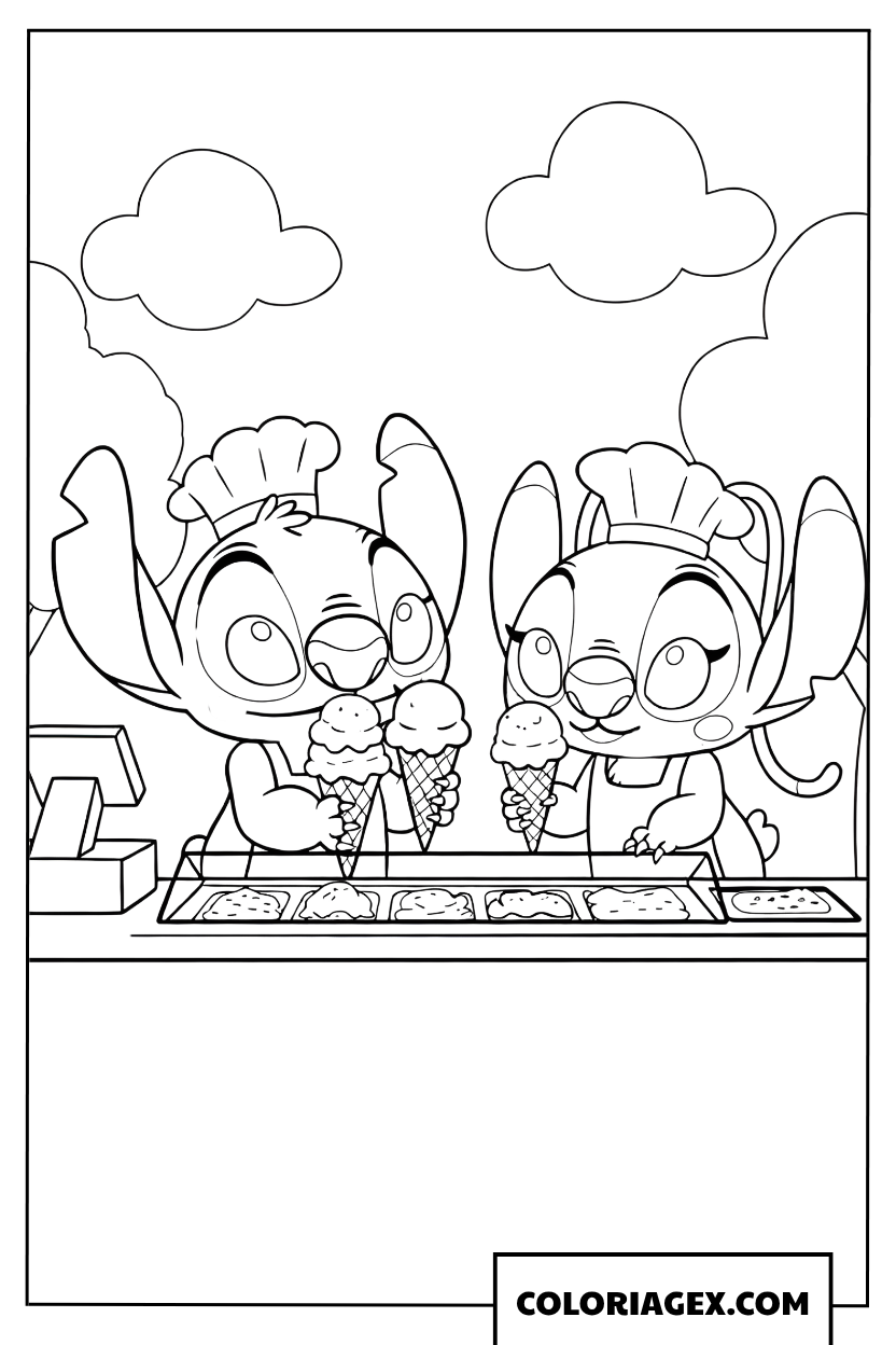 Page de coloriage de Stitch et Angel marchands de glaces
