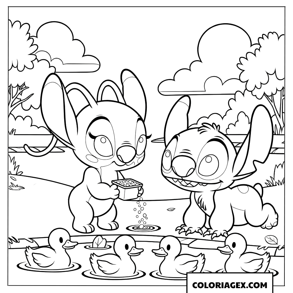 Page de coloriage de Stitch et Angel nourrissant les canetons