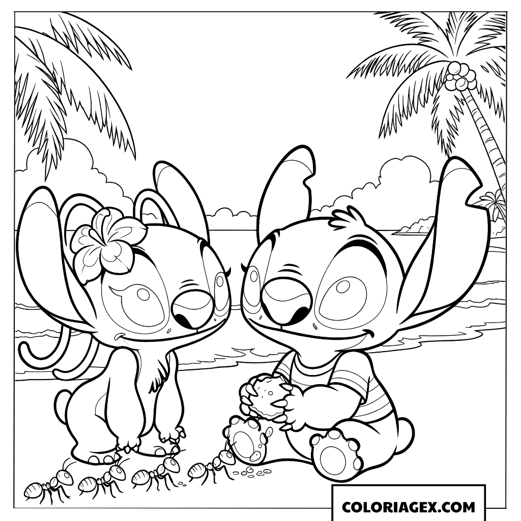 Page de coloriage de Stitch et Angel observant les crabes