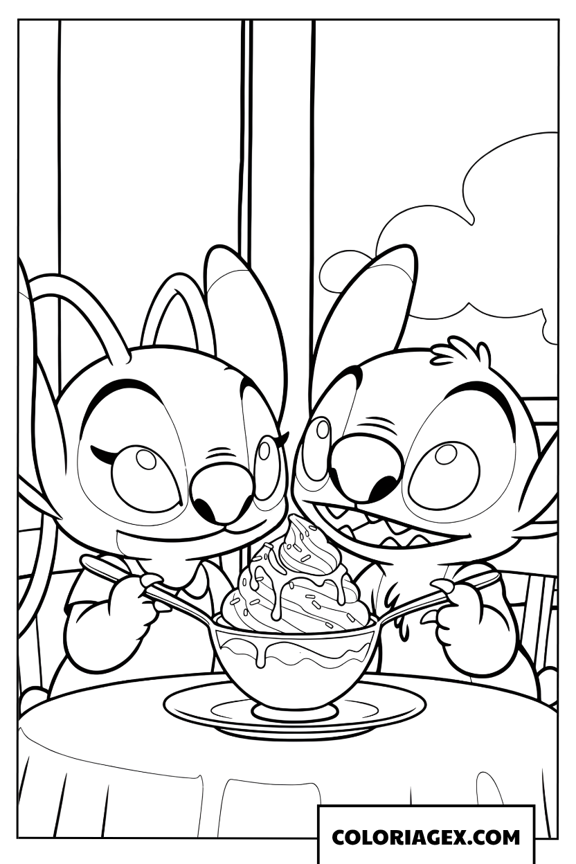 Page de coloriage de Stitch et Angel partageant un sundae géant