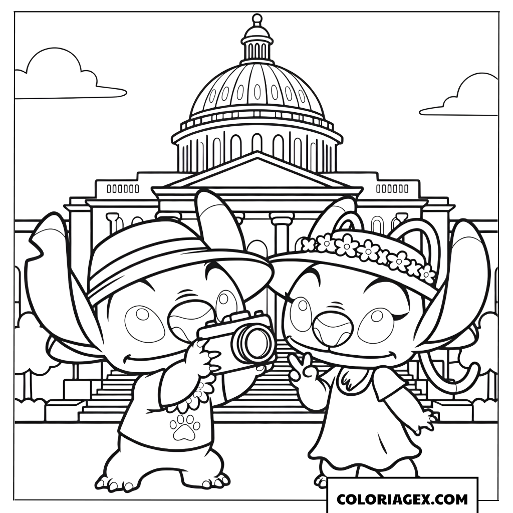 Page de coloriage de Stitch et Angel prenant des photos souvenirs